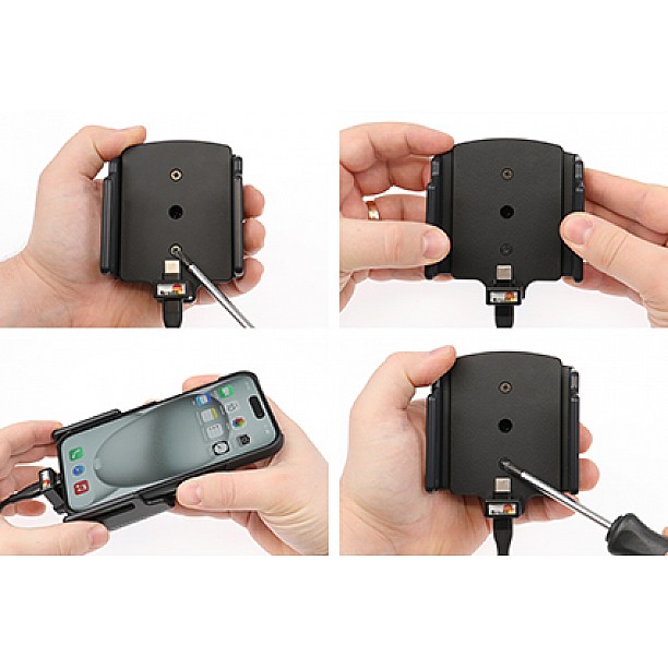 Brodit houder - Apple iPhone 15 / 15 Pro , Actieve verstelbare  houder met 12V USB SIG-Plug 70-83mm