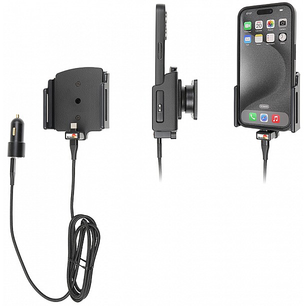 Brodit houder - Apple iPhone 15 / 15 Pro , Actieve verstelbare  houder met 12V USB SIG-Plug 70-83mm